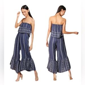 Japna Strapless Bohemian Wide Leg Jumpsuit Navy & Gray M